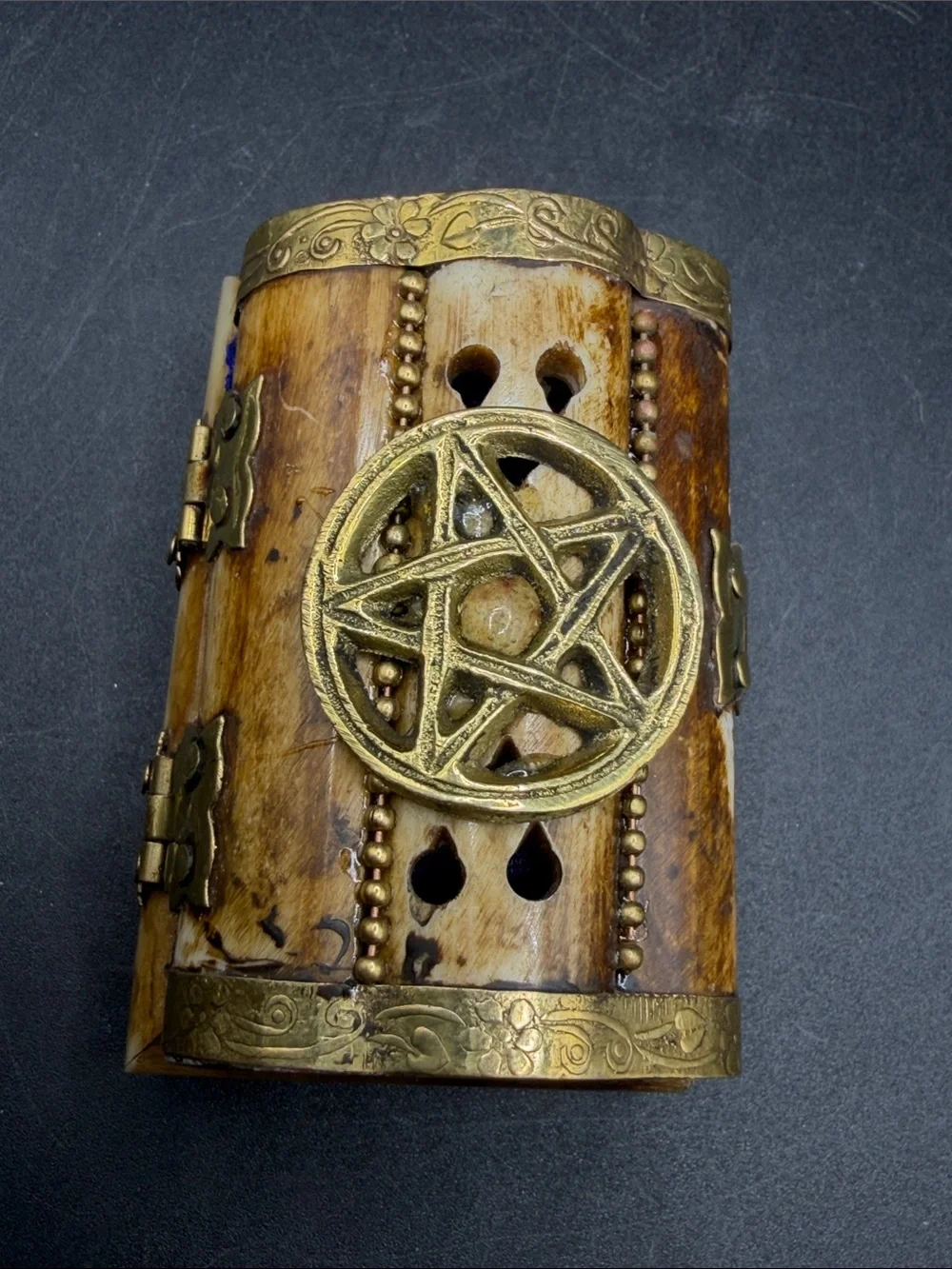 Vintage Bone & Brass Pentagram Star Trinket Treasure Box Hinged Jewelry Box